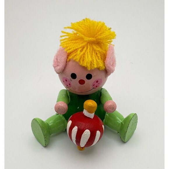 Vintage Wooden Christmas Elf Tree Ornament Playing With Toy Top Santas Helper - Picture 8 of 8